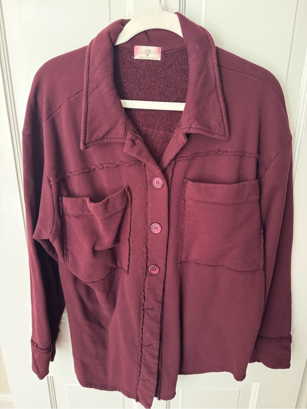 T.La Women's Burgundy Button-Front Pocket Shirt Jacket